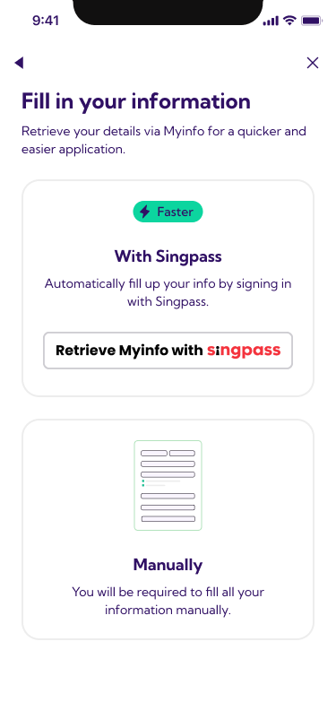 Sign up screen: fill in your information with Singpass or manually